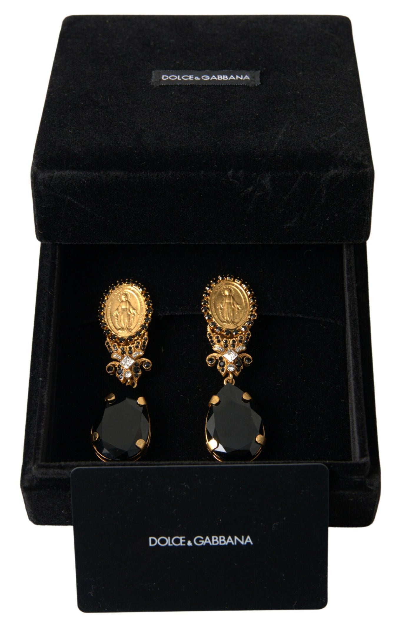 Gold Tone Brass Black Crystal Madonna Drop Stud Earring