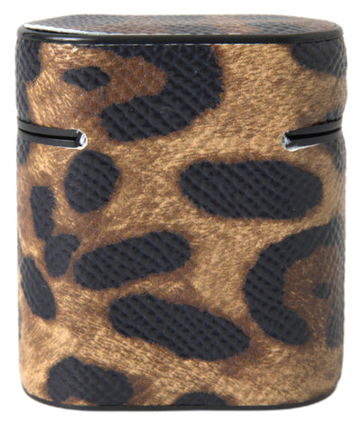 Brown Leopard Print Calfskin Leather Logo Airpods Case