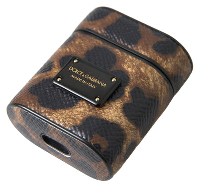 Brown Leopard Print Calfskin Leather Logo Airpods Case