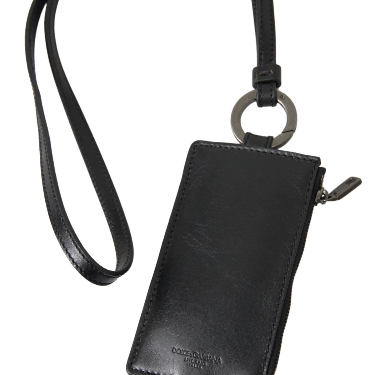 Black Leather Lanyard Logo Card Holder Men Wallet