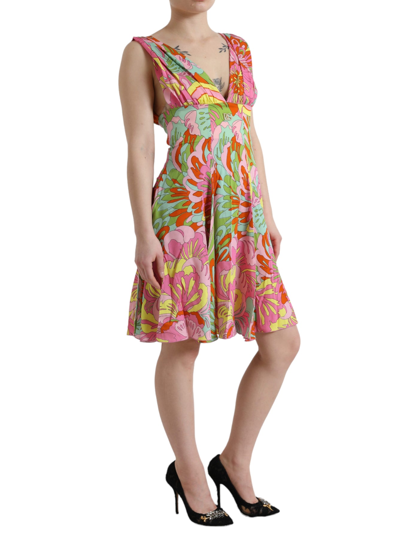 Multicolor Floral Silk Chiffon V-neck Dress