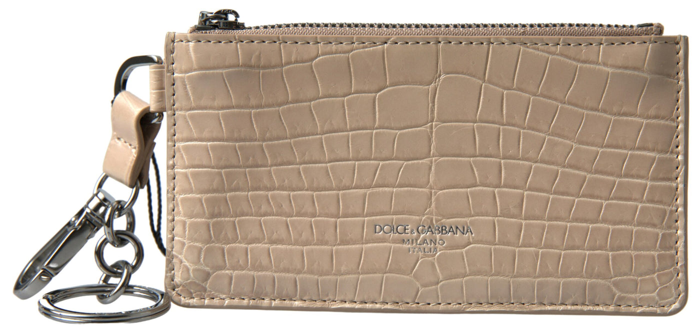 Beige Crocodile Embossed Leather Zip Card Holder Wallet