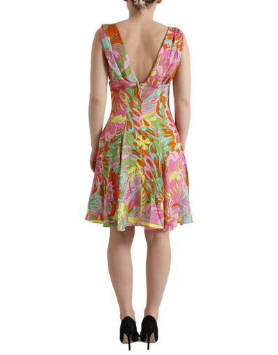 Multicolor Floral Silk Chiffon V-neck Dress