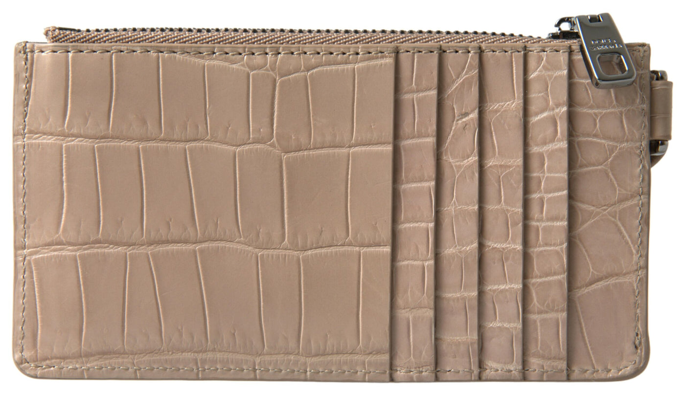 Beige Crocodile Embossed Leather Zip Card Holder Wallet