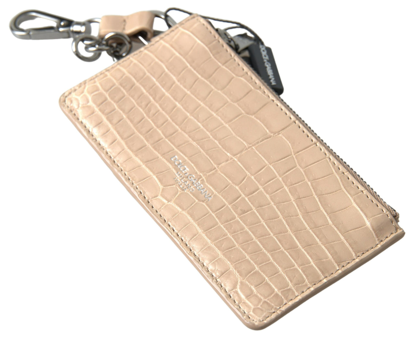 Beige Crocodile Embossed Leather Zip Card Holder Wallet