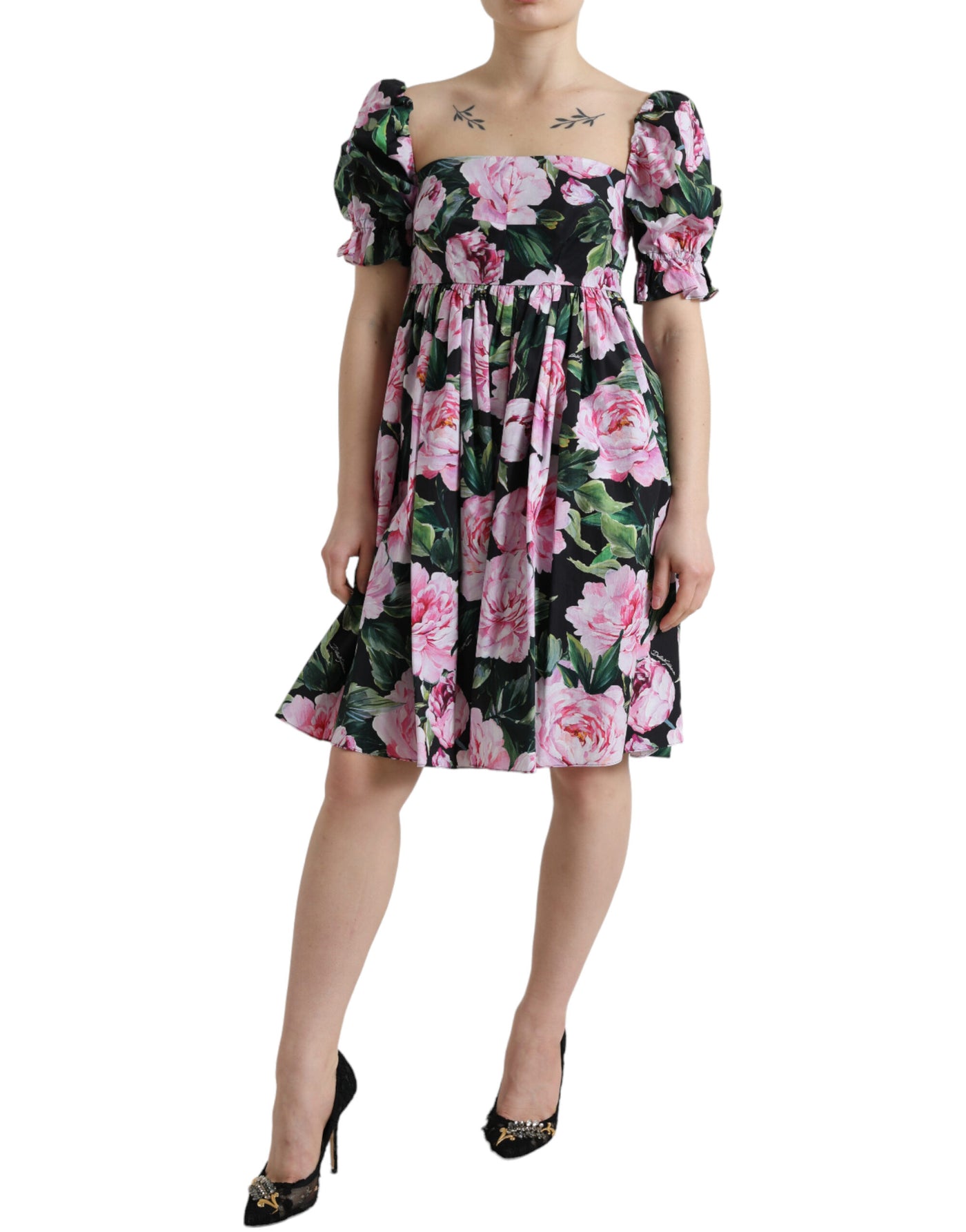 Black Rose Print Cotton Pleated A-line Dress