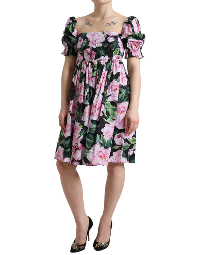 Black Rose Print Cotton Pleated A-line Dress