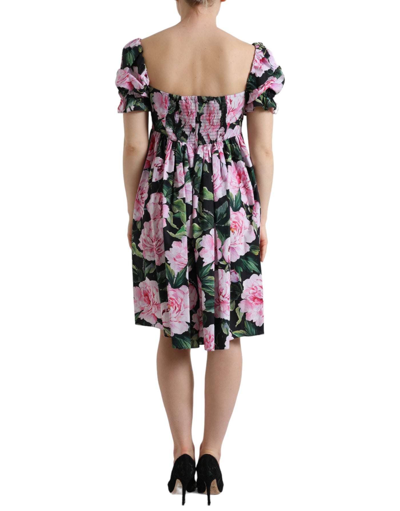 Black Rose Print Cotton Pleated A-line Dress