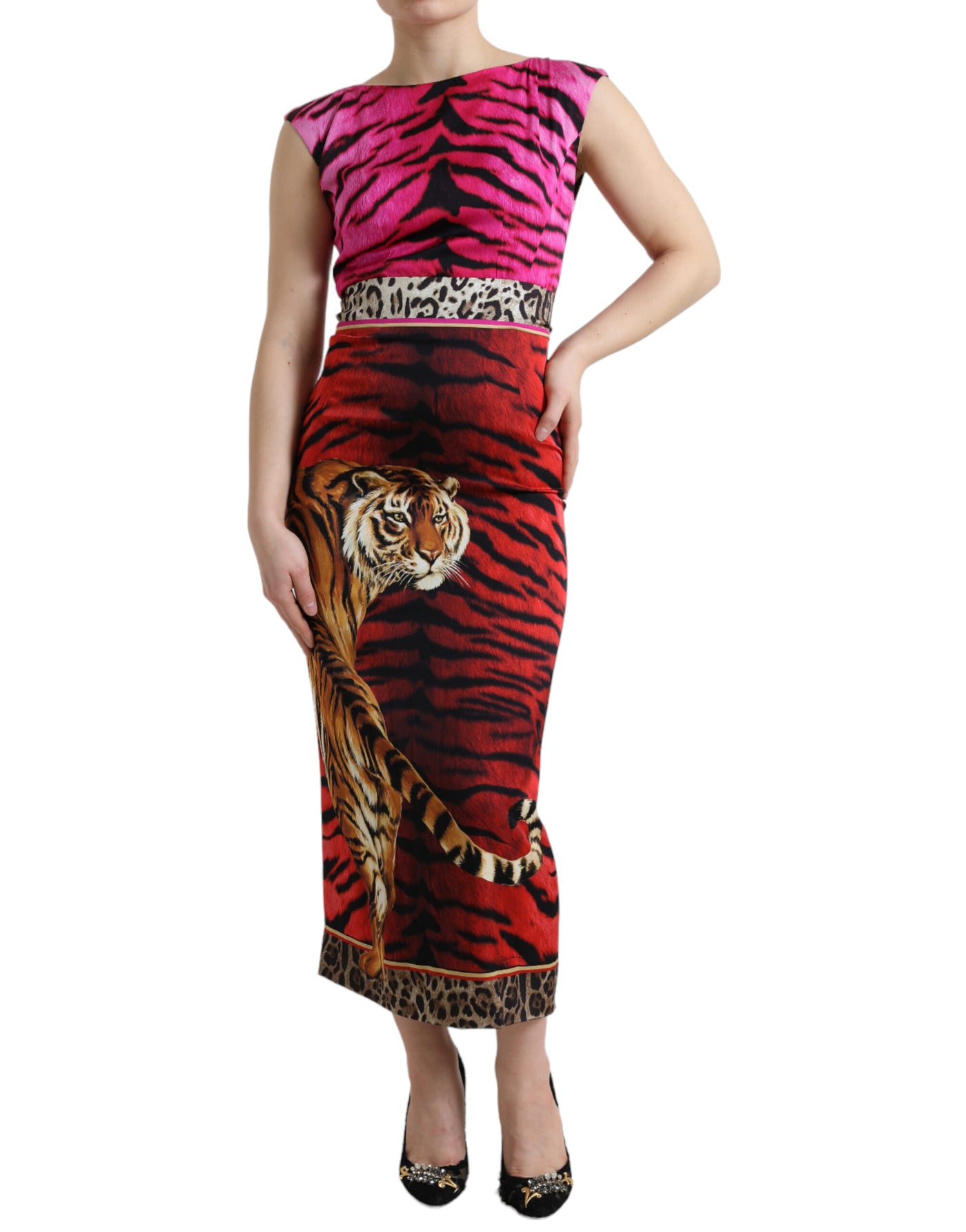 Multicolor Tiger Leopard Sheath Midi  Dress