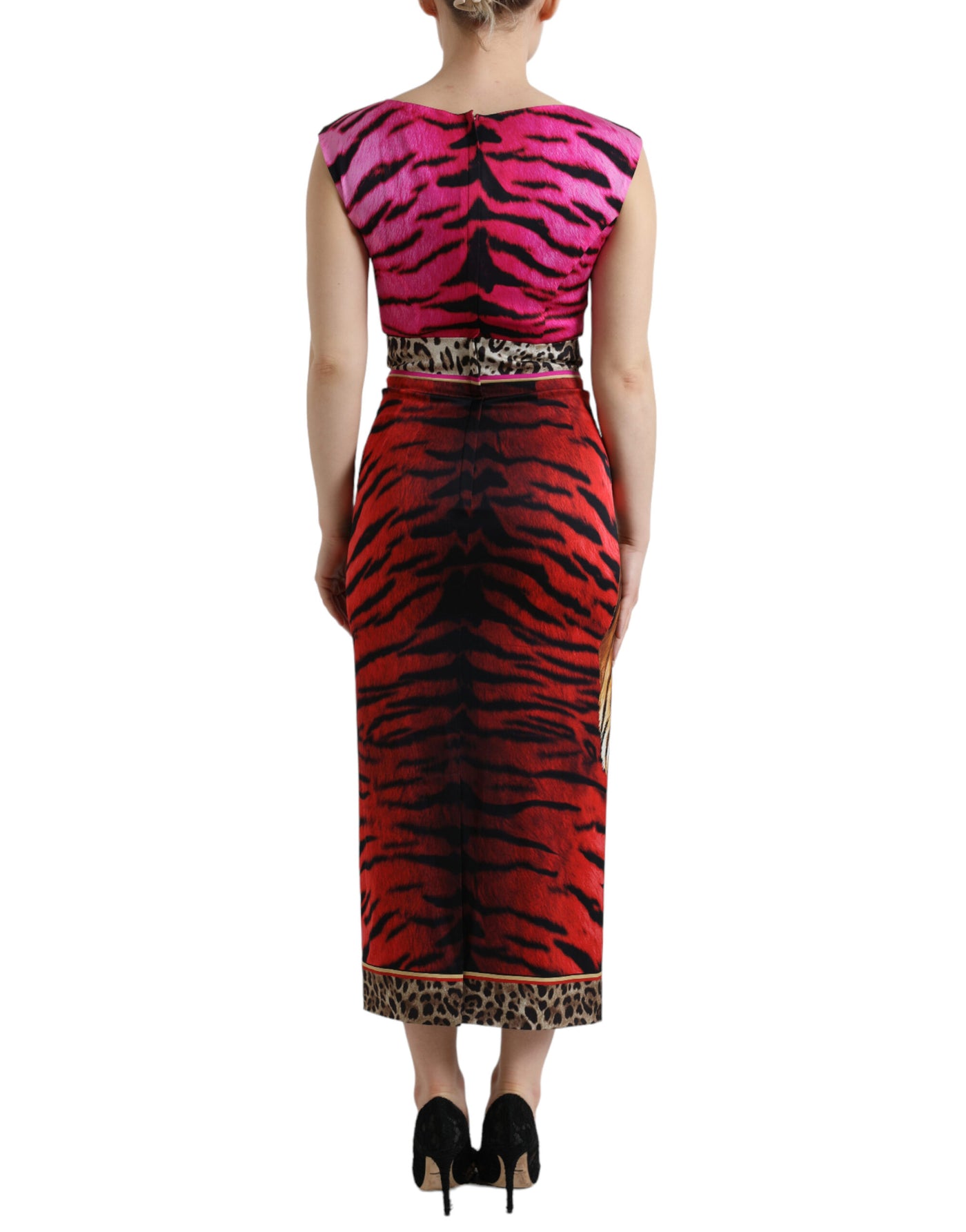 Multicolor Tiger Leopard Sheath Midi  Dress