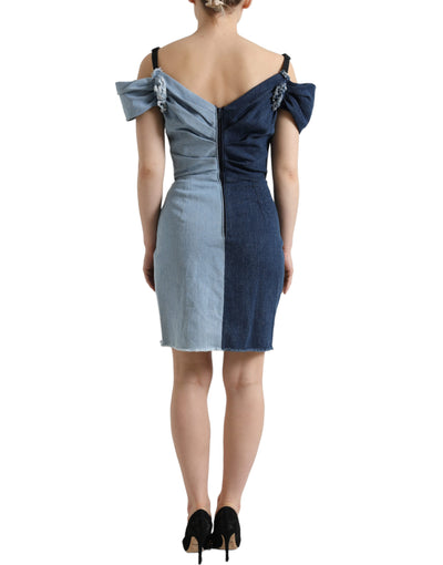 Blue Patchwork Two Tone Denim Mini Dress