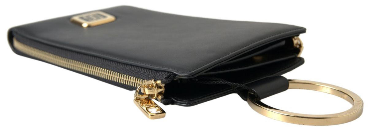 Black Leather DG Logo Gold Zip Card Holder Men Wallet