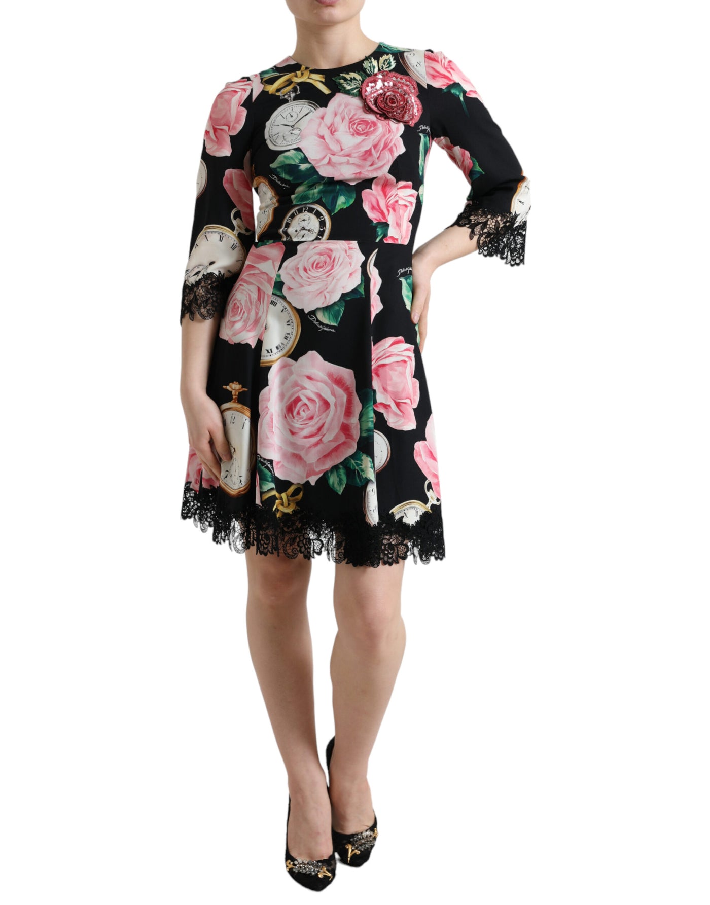 Black Floral Embellished Lace A-line Dress