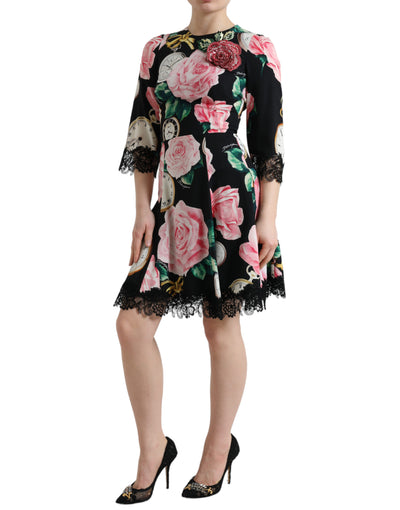 Black Floral Embellished Lace A-line Dress