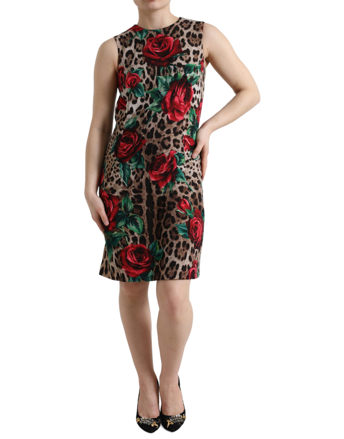 Brown Leopard Red Roses Wool A-line Dress