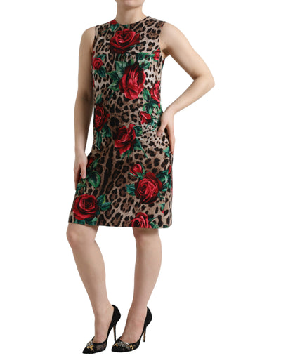 Brown Leopard Red Roses Wool A-line Dress