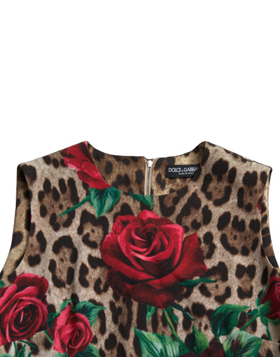 Brown Leopard Red Roses Wool A-line Dress