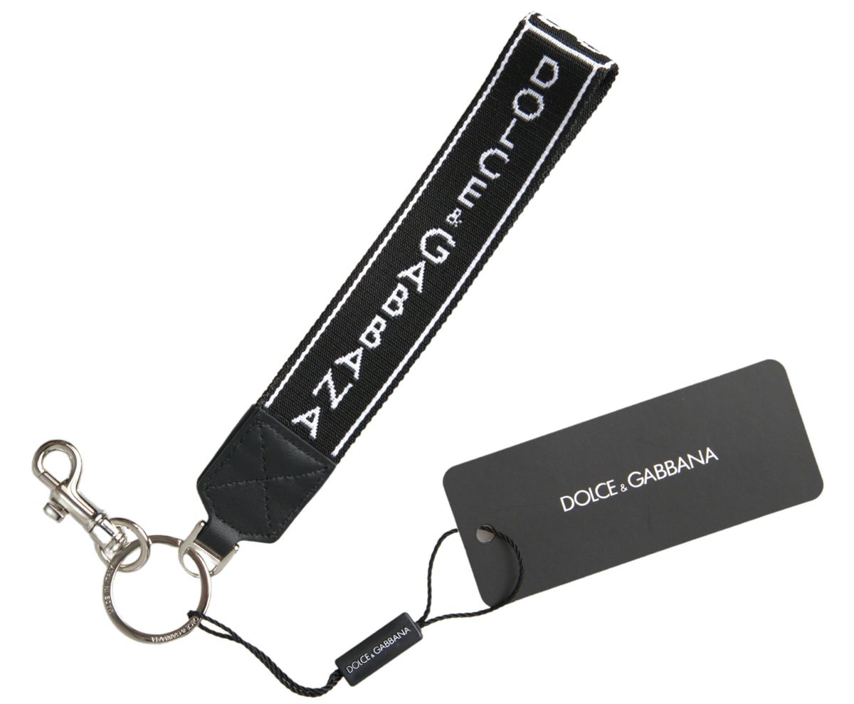 Black Nylon Logo Print Silver Tone Brass Keychain