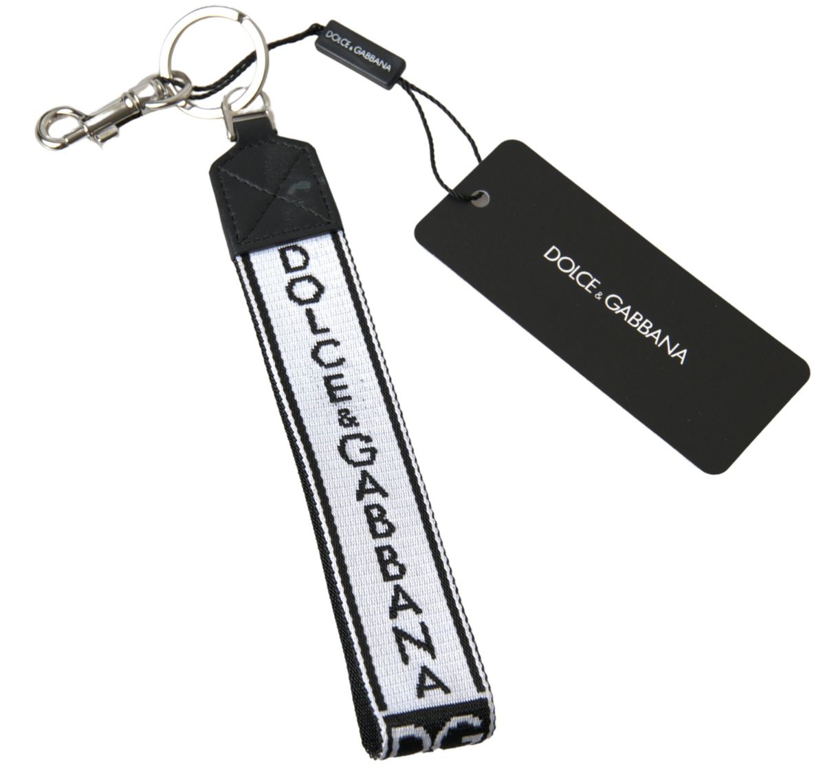 Black Nylon Logo Print Silver Tone Brass Keychain