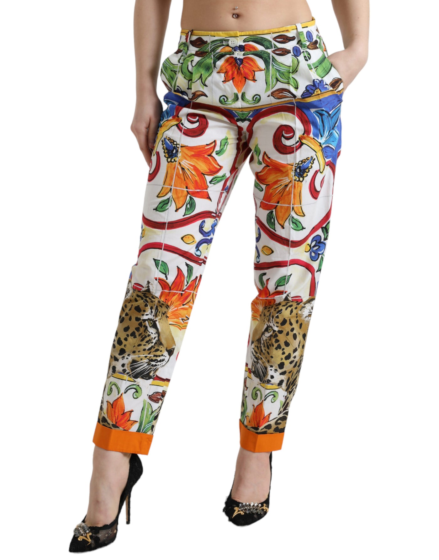 White Majolica Print Tapered Mid Waist Pants