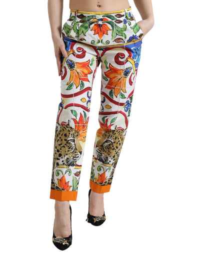 White Majolica Print Tapered Mid Waist Pants