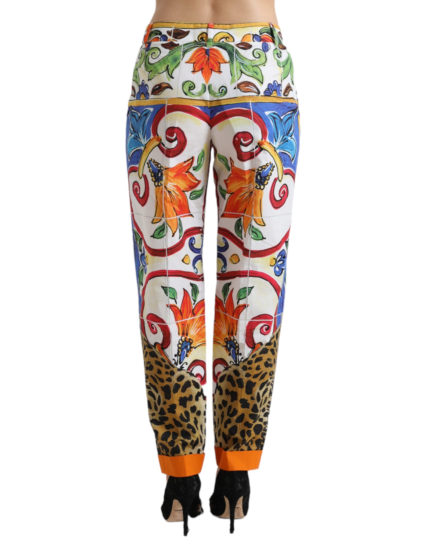 White Majolica Print Tapered Mid Waist Pants