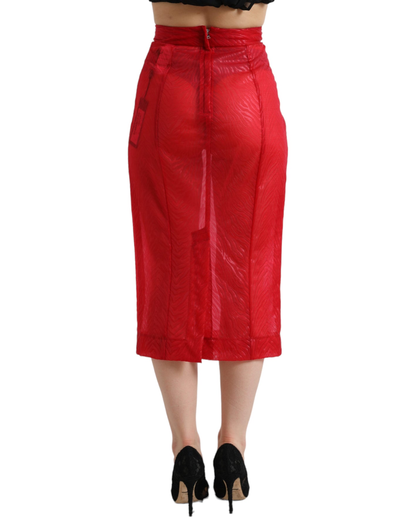 Red Sheer High Waist Pencil Cut Midi Skirt