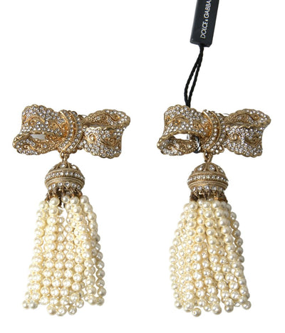 Gold Tone Crystal Bow Beaded Tassel Drop Clip Earrings