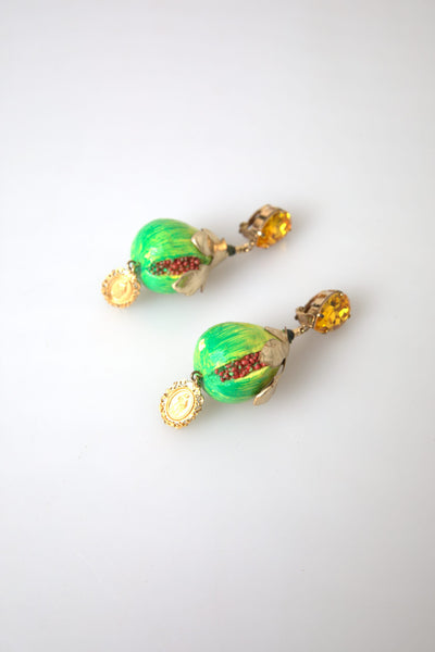 Green Fig Crystal Clip On Dangling Jewelry Earrings