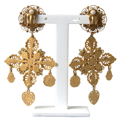 Gold Brass Sicily Cross Madonna Flower Clip On Earrings