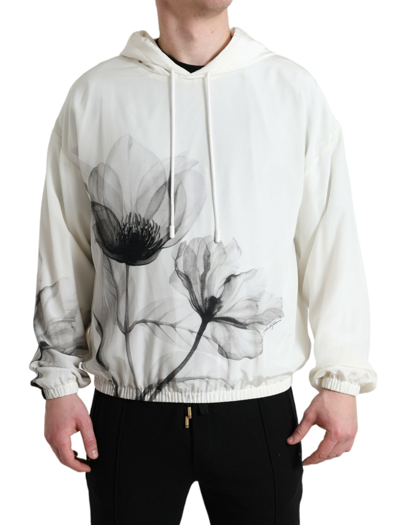 White Floral Print Hooded Pullover Sweater