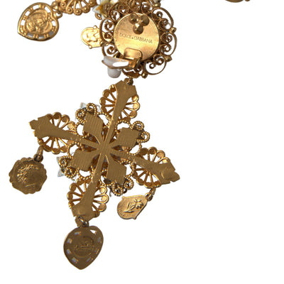 Gold Brass Sicily Cross Madonna Flower Clip On Earrings