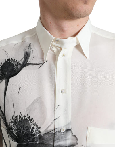 White Floral Collared Dress Silk Shirt