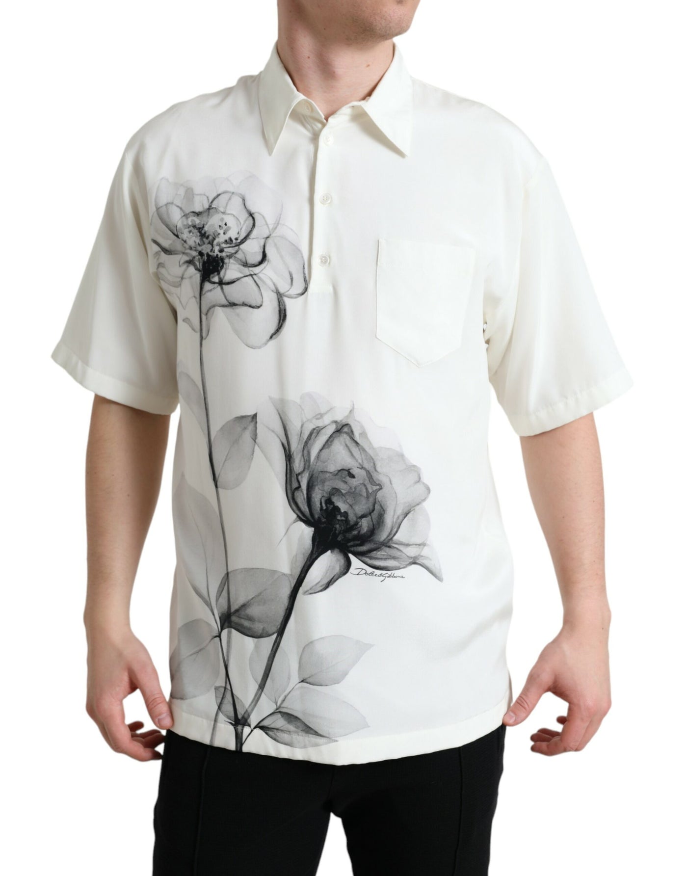 Off White Floral Print Collared Polo T-shirt