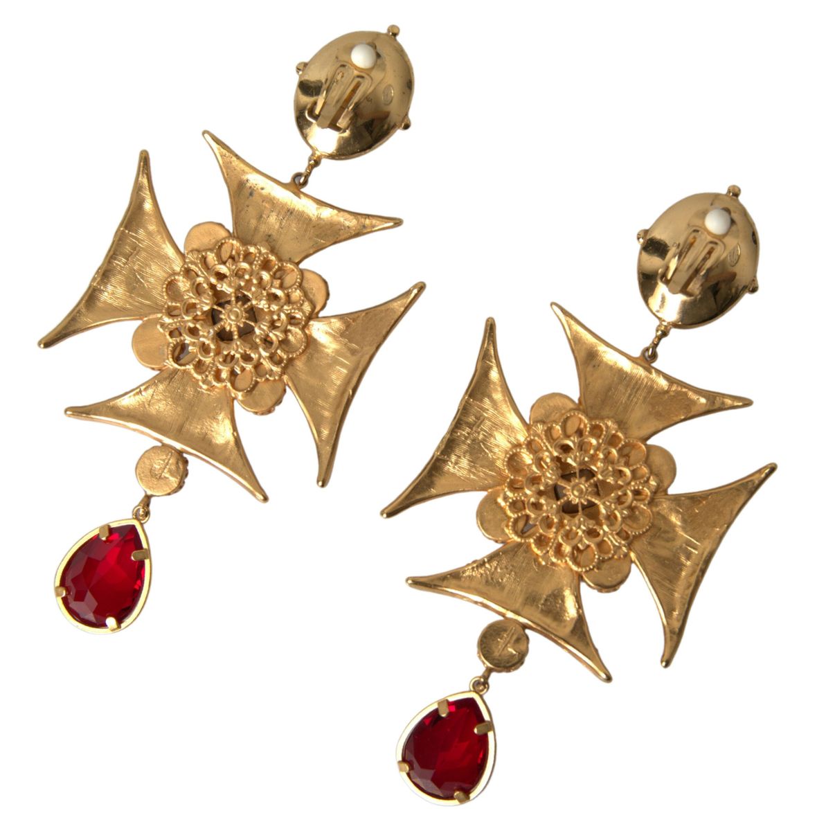 Gold Brass Maltese Cross Crystal Clip Dangling Earrings