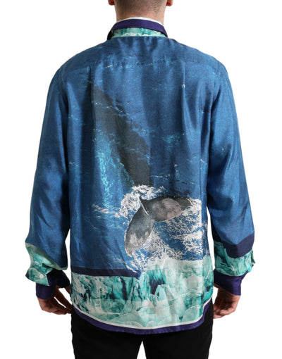 Blue Ocean Print Silk Collared Button Down Shirt