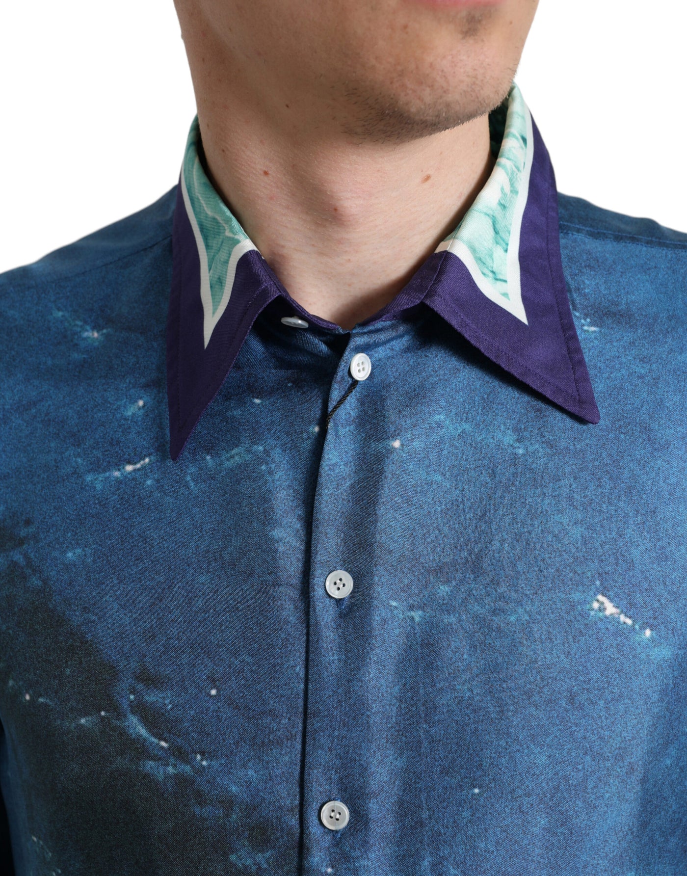 Blue Ocean Print Silk Collared Button Down Shirt