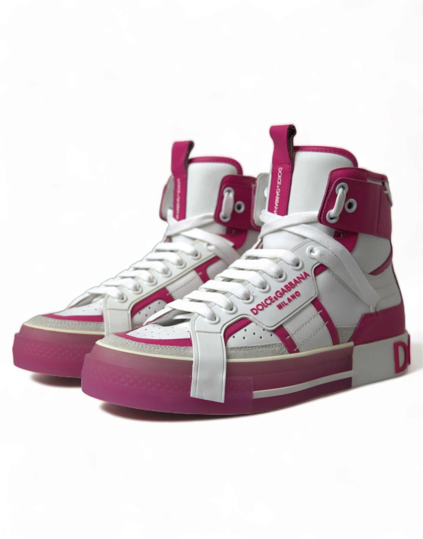 Pink White Leather High Top Sneakers Shoes