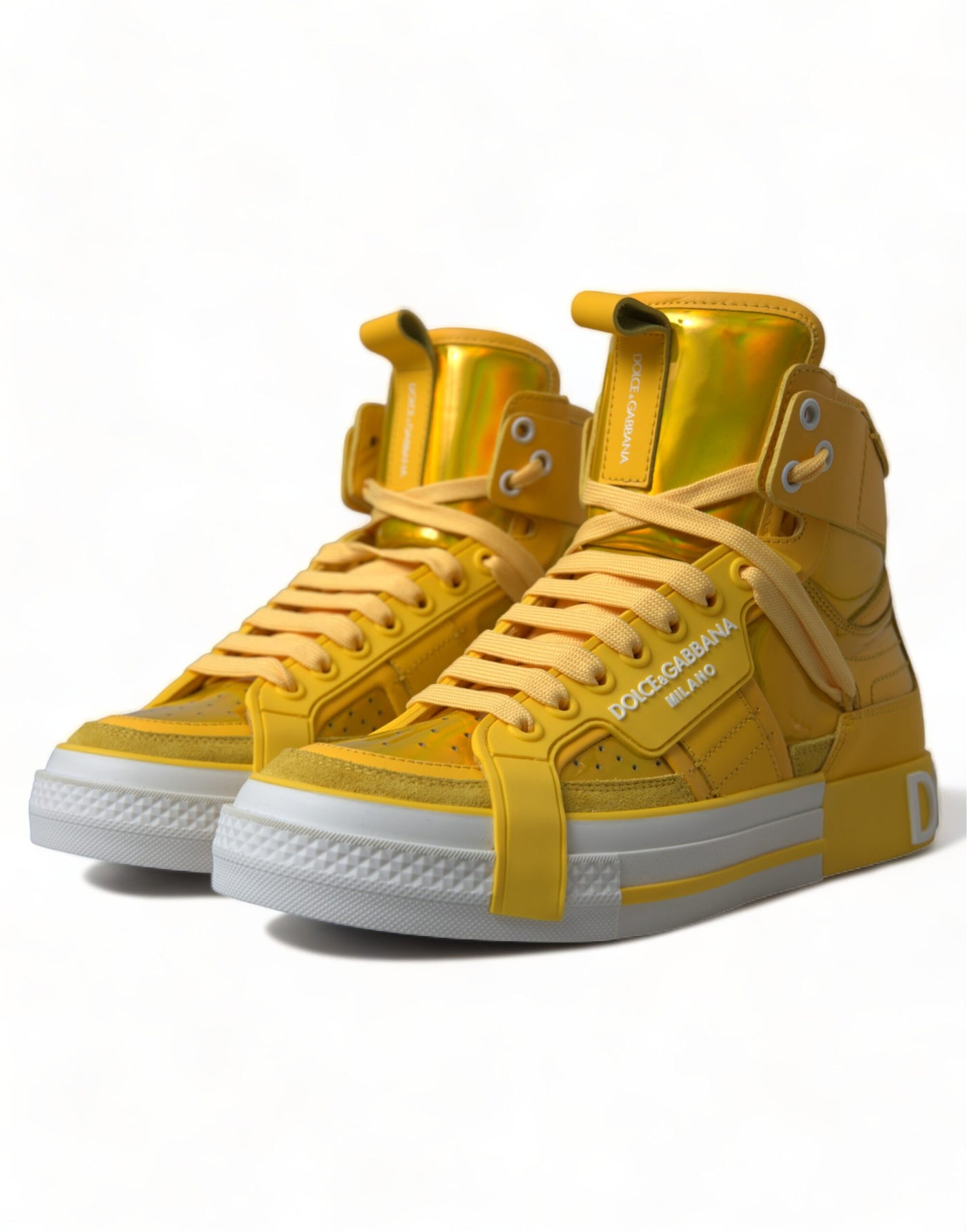 Yellow White Leather High Top Sneakers Shoes