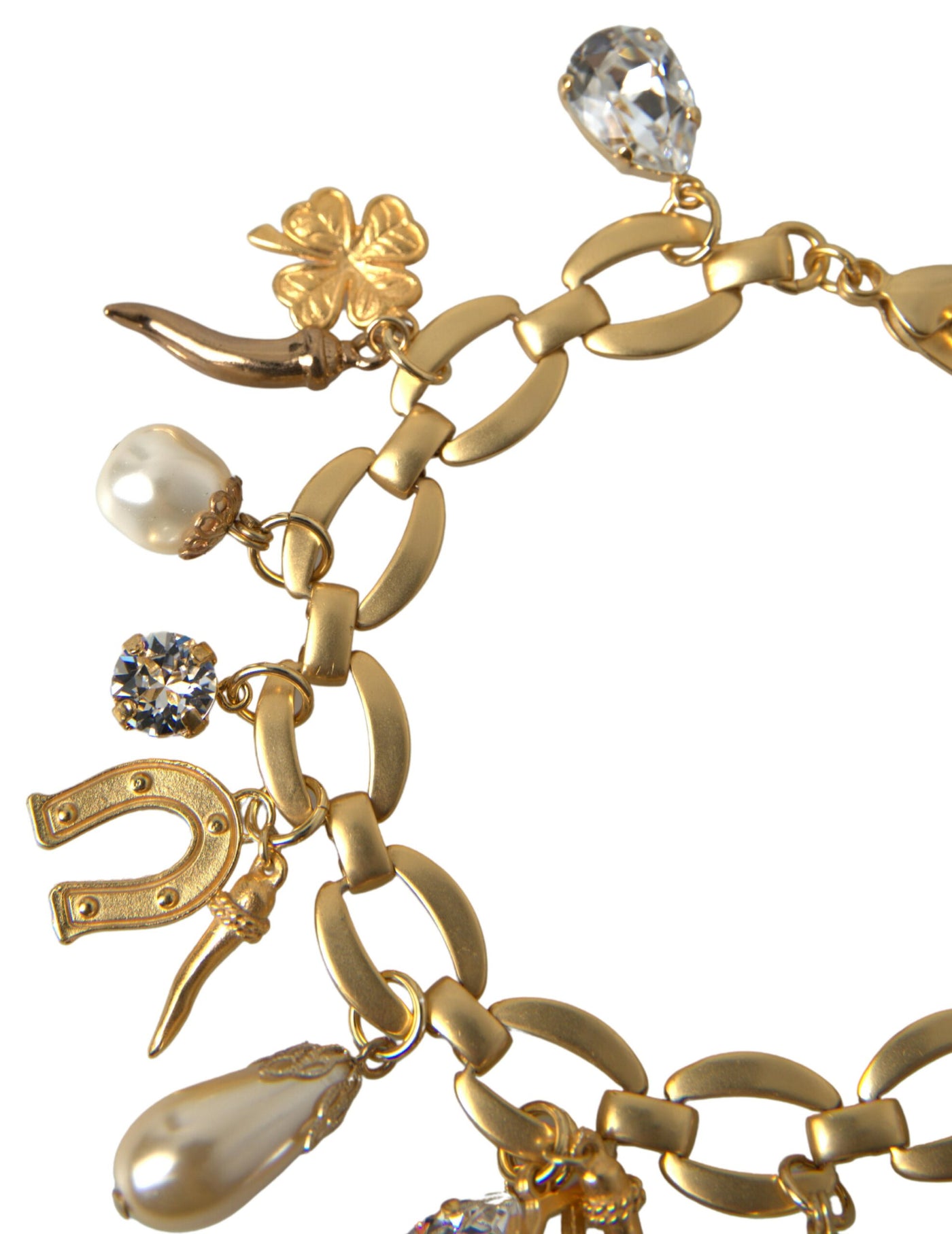 Gold Tone Faux Pearl Crystal Embellished Charm Bracelet