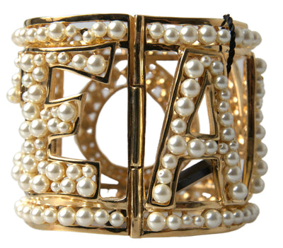 Gold Tone AMORE Faux Pearl Embellished Wide Cuff Bracelet