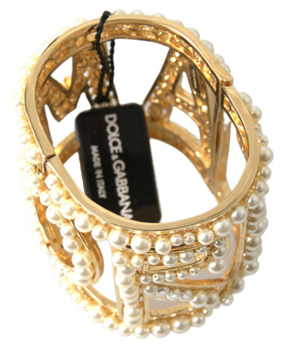 Gold Tone AMORE Faux Pearl Embellished Wide Cuff Bracelet