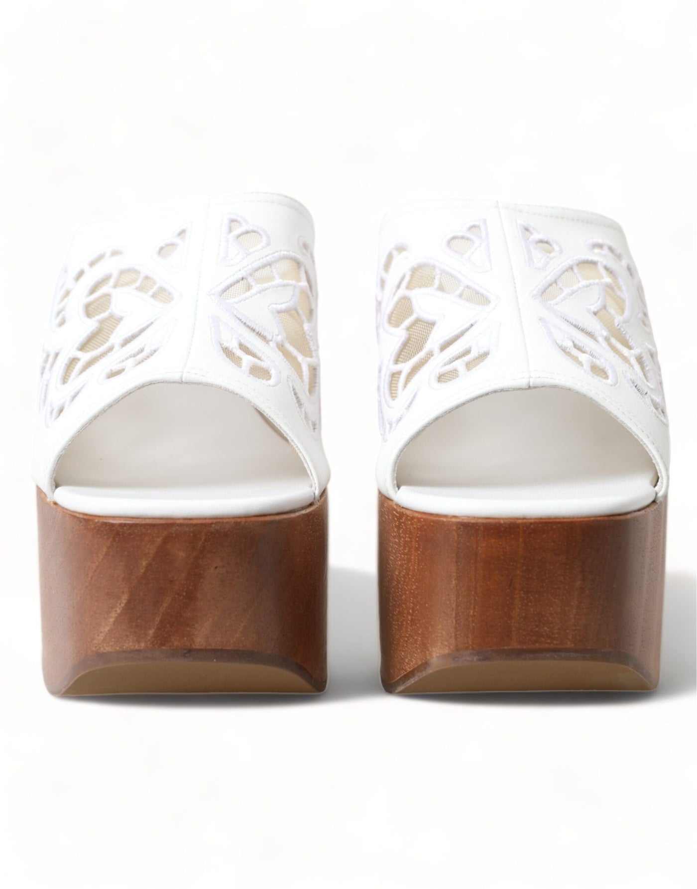 White Leather Embroidered Wedge Sandal Shoes