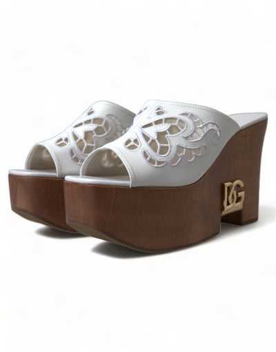 White Leather Embroidered Wedge Sandal Shoes