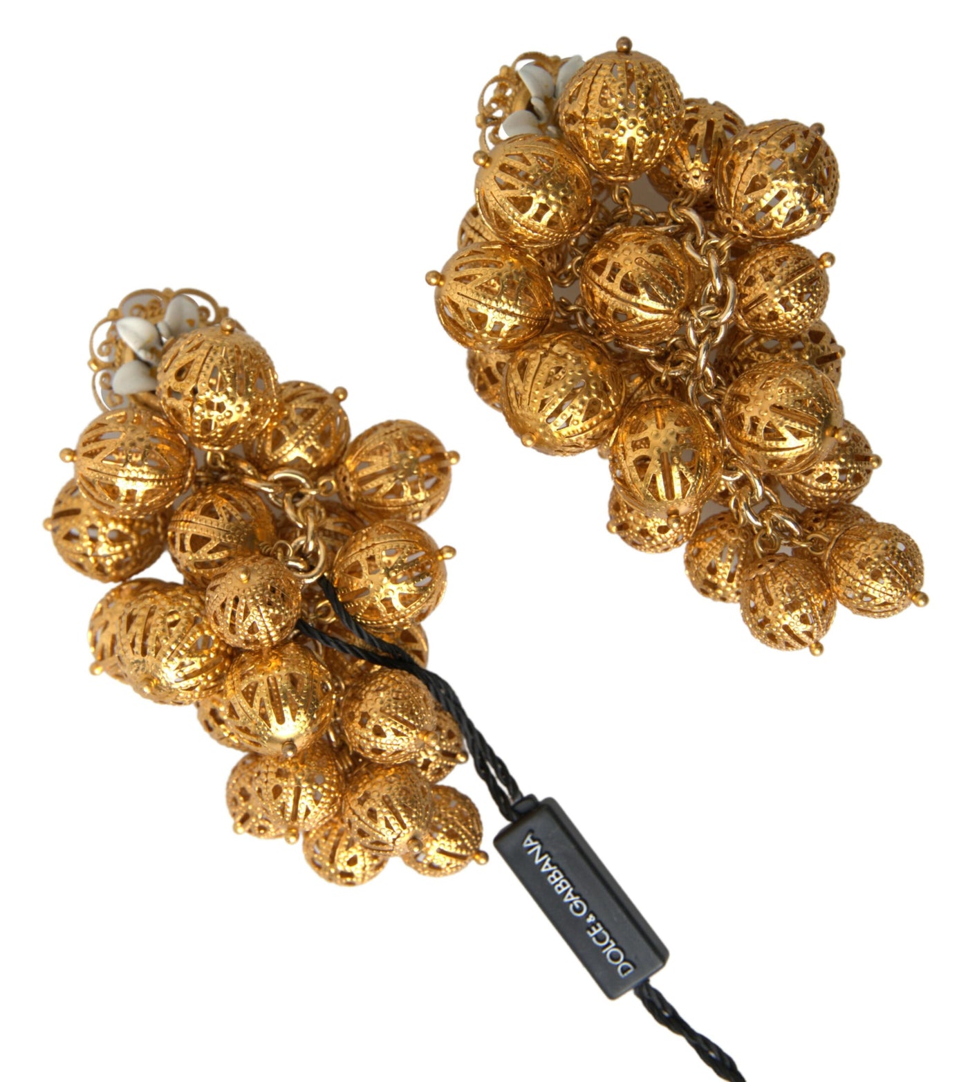 Gold Tone Brass White Flowers Filigree Grape Earrings