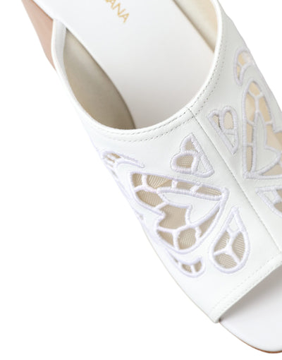 White Leather Embroidered Wedge Sandal Shoes