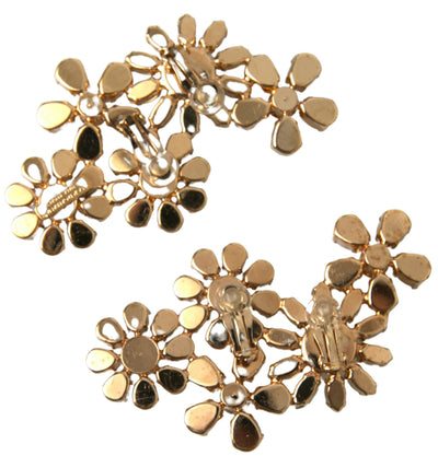 Gold Tone Brass Multicolor Floral Crystal Clip Earrings