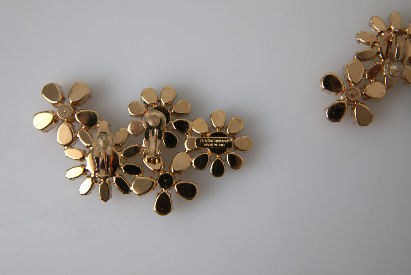 Gold Tone Brass Multicolor Floral Crystal Clip Earrings