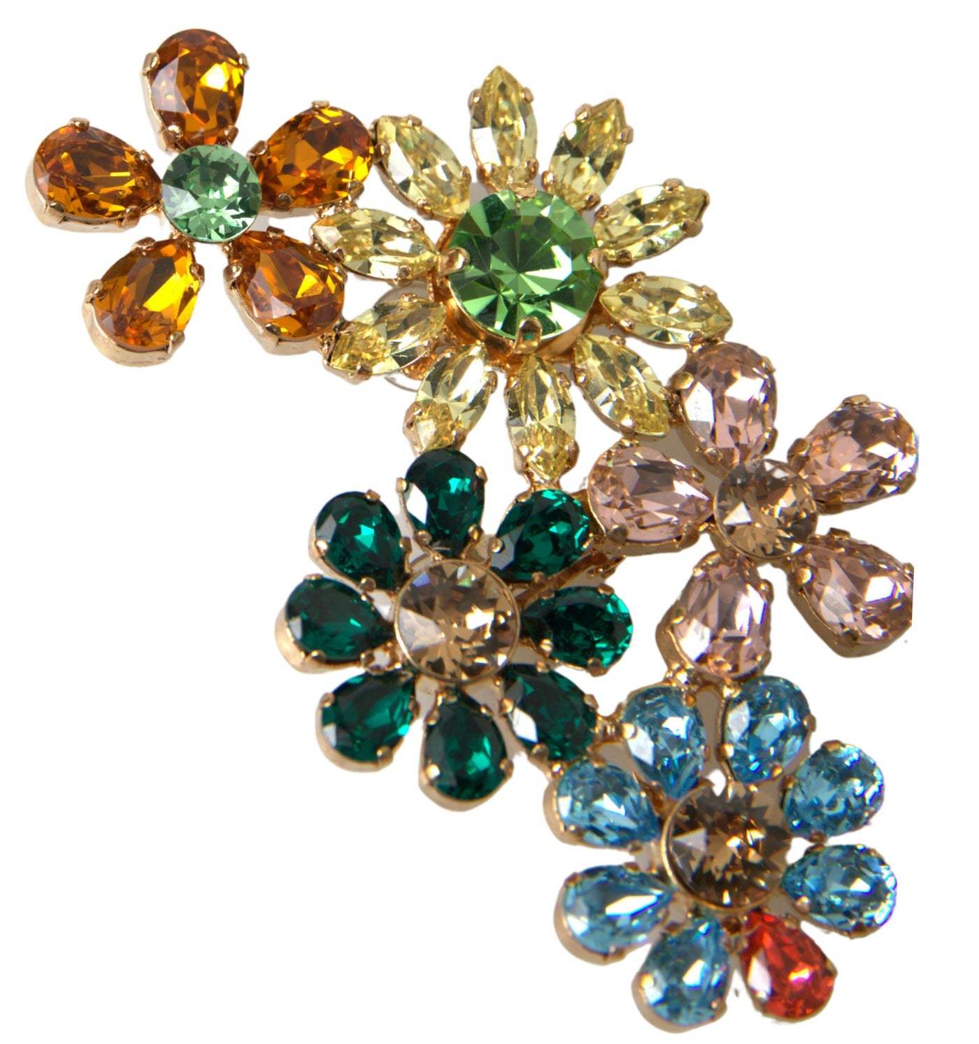 Gold Tone Brass Multicolor Floral Crystal Clip Earrings