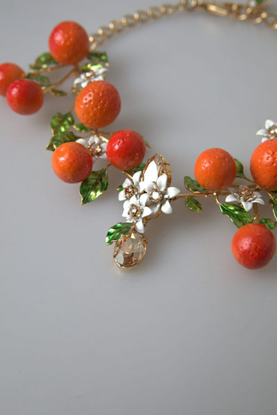 Gold Brass Oranges Flowers Crystal Chain Link Necklace